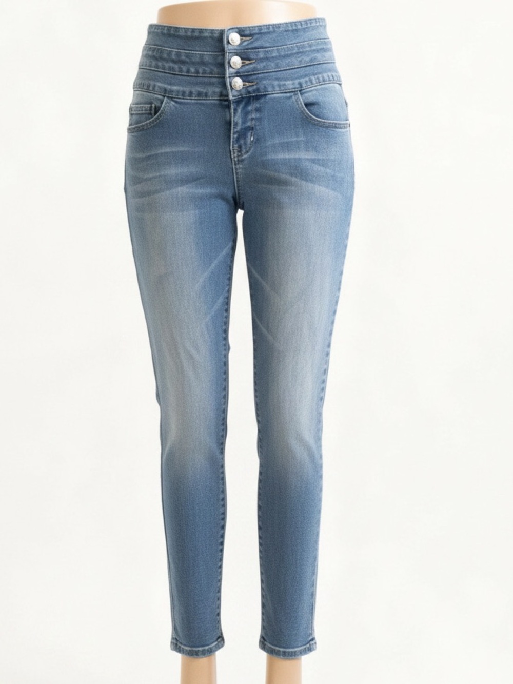 YMI Light Blue Skinny Jeans with High Waist Button Detail